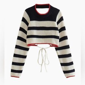 Commense Stripe Crochet Long Sleeve Open Back Crop Top